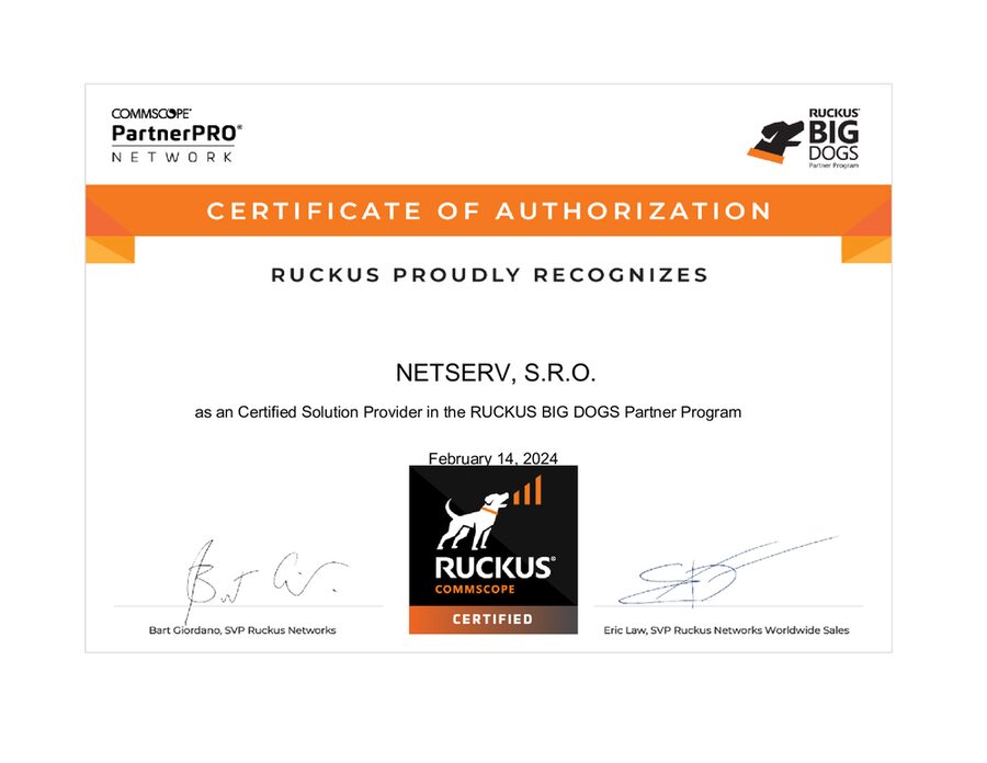 Certifikát autorizace — NetSERV jako Certified Solution Provider v Ruckus Big Dogs Partner Program (14. 2. 2024)